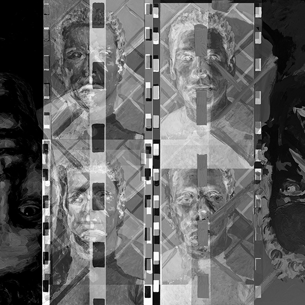 This image is of a monochrome digital photocollage by Terry Sullivan of Sam Altman and a self-portrait by the author. 