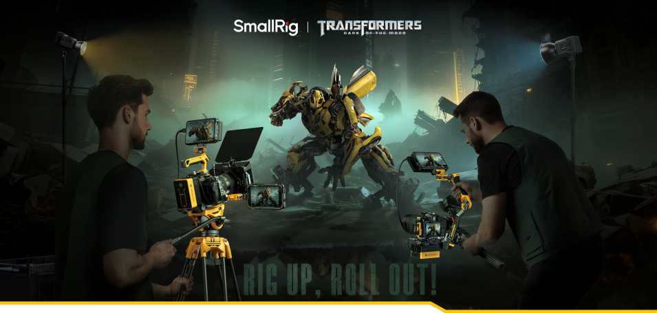 SmallRig x Transformers collab announcement banner with two cameramen shooting a transformer