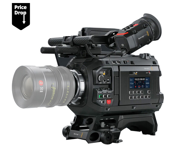 An image showing the URSA Cine 17K 65 Camera and URSA Cine EVF Kit with a price drop tag