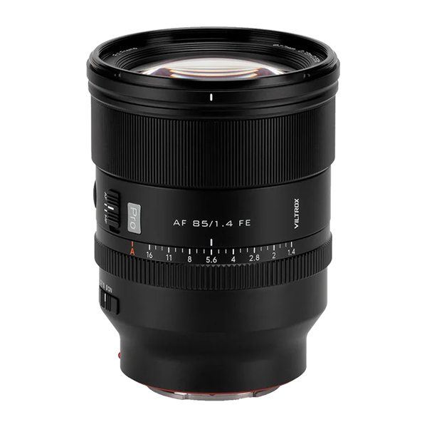 This photo is the Viltrox 85mm f/1.4 lens shot against a white background. 