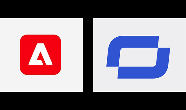 This is an image of two company logos, Adobe (left) and Synthesia (right), against a black background.