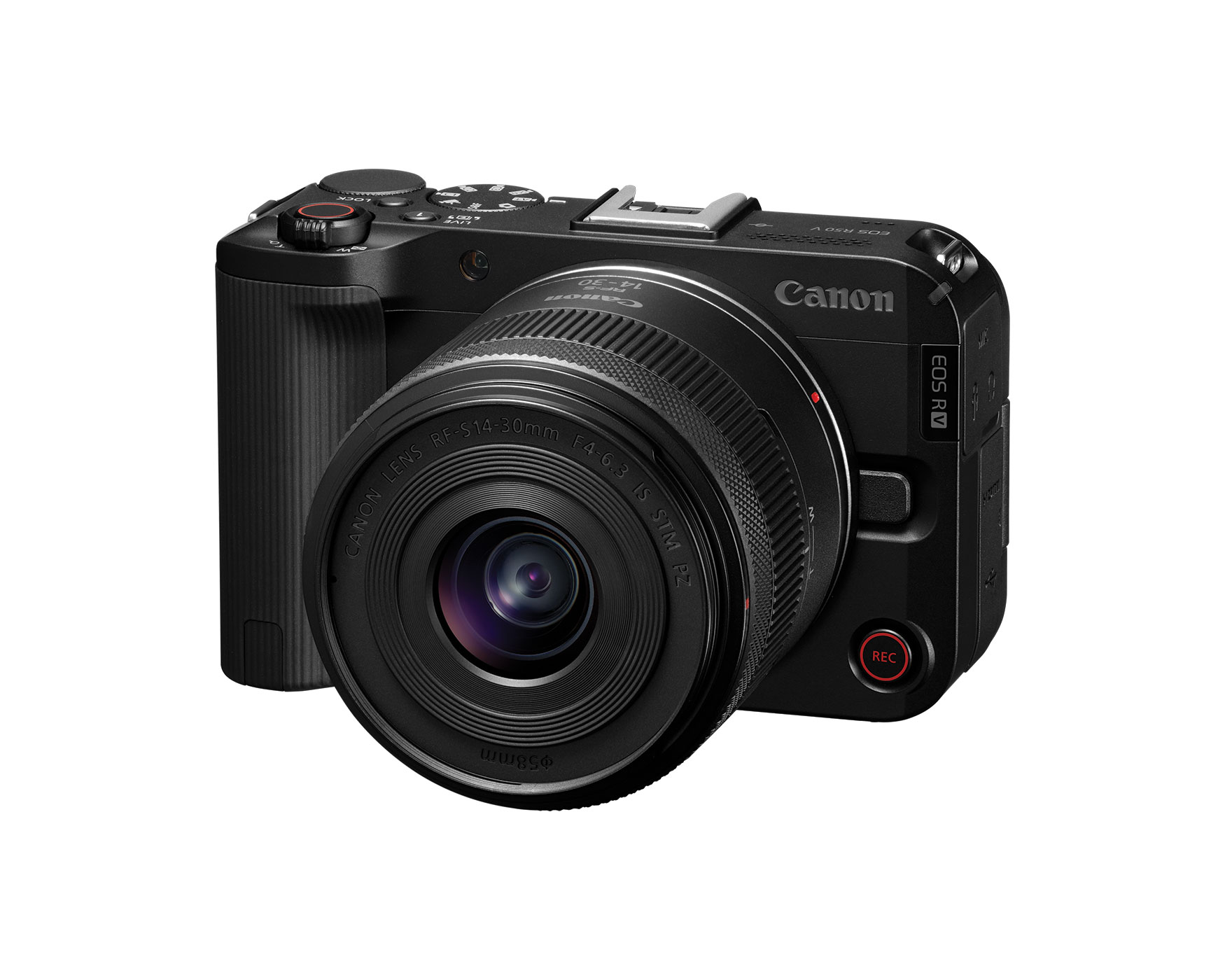 Canon R50V with 14-30mm lens on white background. 