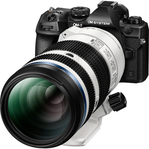 Product Photograph of an OM-system camera with an OM SYSTEM M.Zuiko Digital ED 50-200mm f/2.8 IS PRO taken against white background.