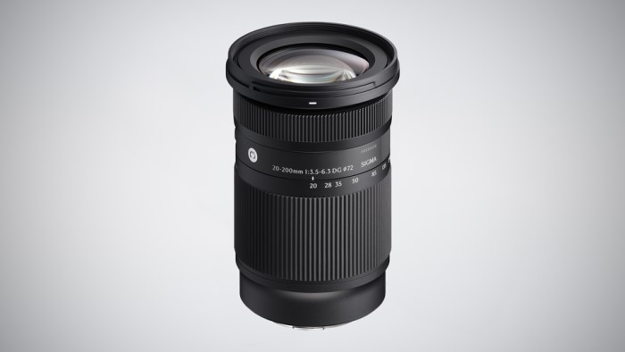 Sigma 20-200mm F/3.5-6.3 travel zoom on white. 