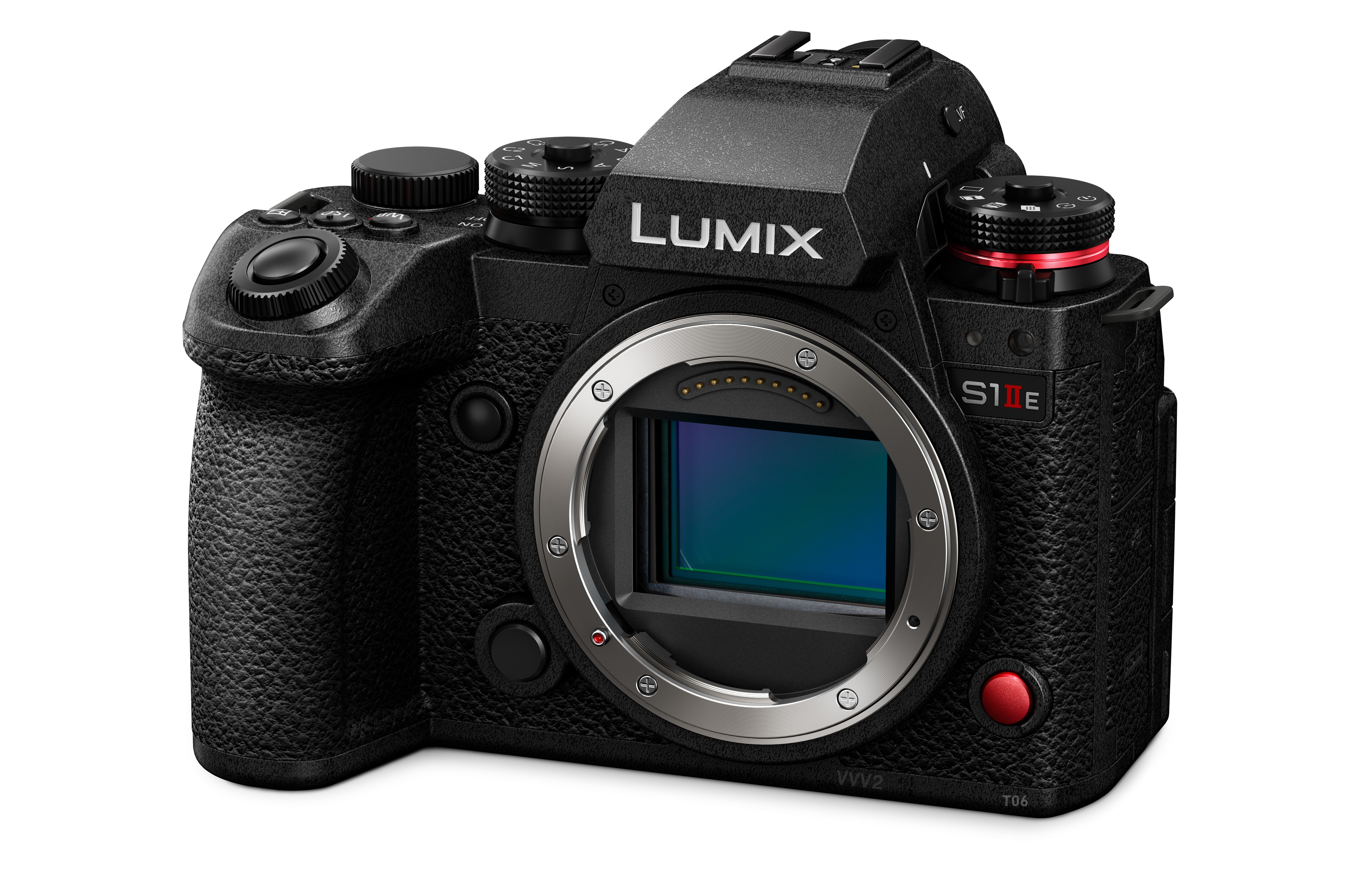 Panasonic LUMIX S1IIE slanted view on white background.
