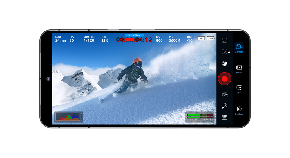 Blackmagic camera app on Android white background.