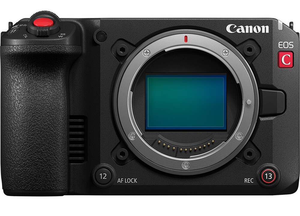 Canon EOS C50 cinema camera on white background. 