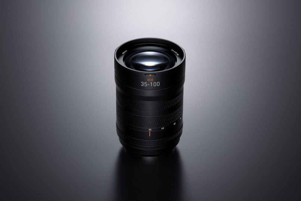 Hasselblad XCD 35-100mm f/2.8-4E lens on black background. 