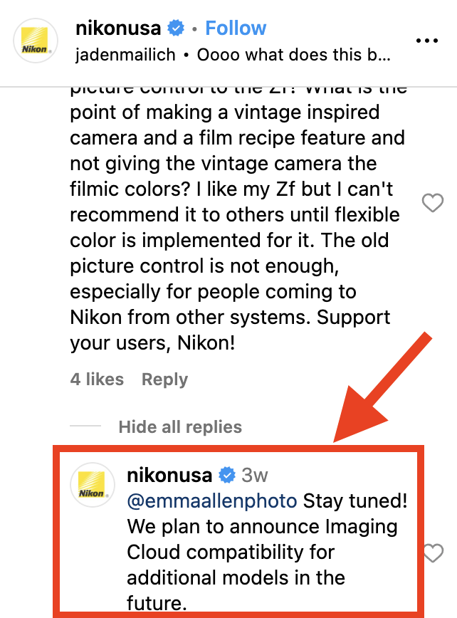 Screenshot of Imaging Cloud service extension from Nikon Rumors.