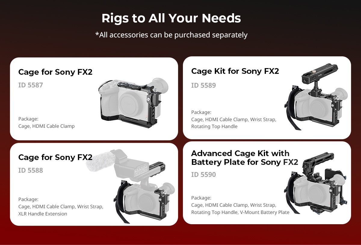 Smallrig Cage kit options for Sony FX2. 